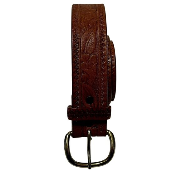 Hand-Tooled Steerhide Brown Leather Belt With Leaf Design Size 38 Stamped B1892 - Picture 1 of 7